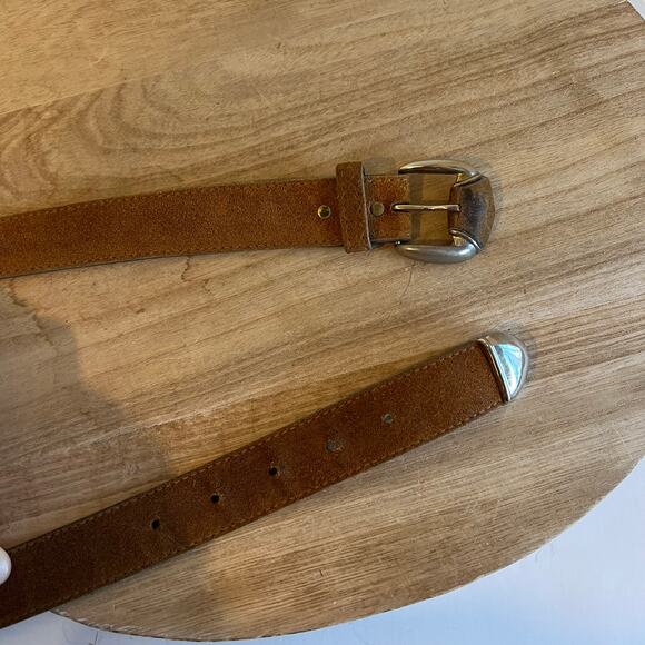 Vintage USA Made Tan Genuine Suede Leather Silver Tipped Western Belt Size L - Picture 10 of 11